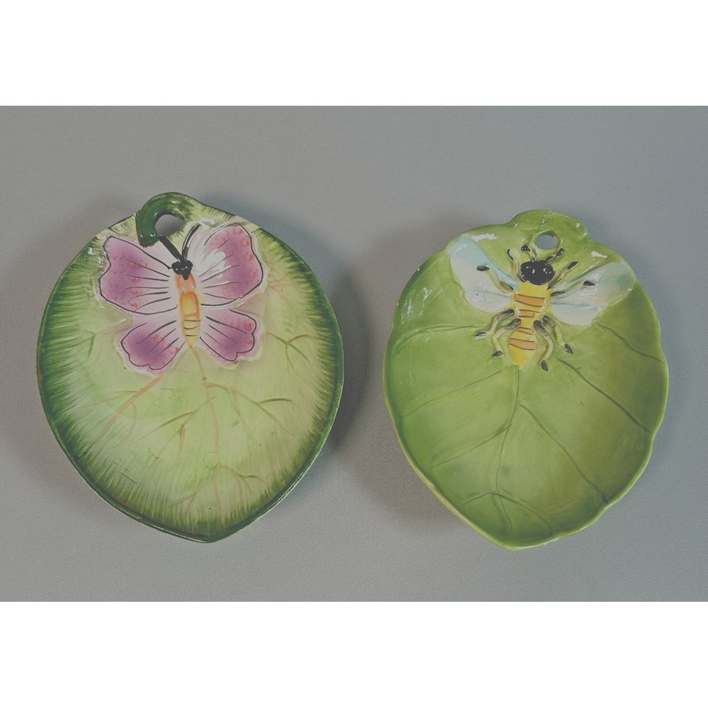 Pair of Hand Painted Leaf Serving Ceramic Bowls Butterfly & Bee Wall Hanging